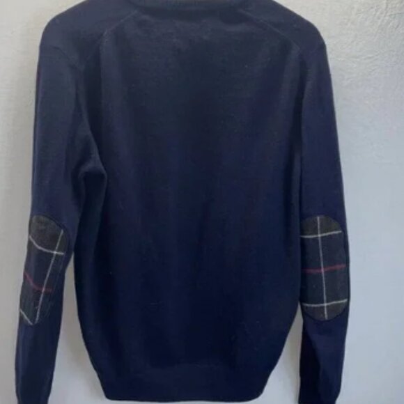 Barbour Men's Navy Blue v neck Cashmere wool Elbow Patch Tartan size Med - Picture 2 of 7